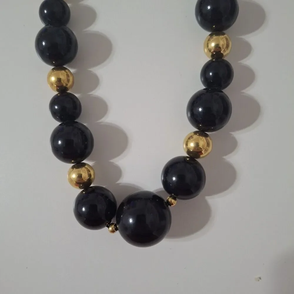 Monet Gold Tone Chunky Round Black Beaded Statement Necklace Mod Vintage